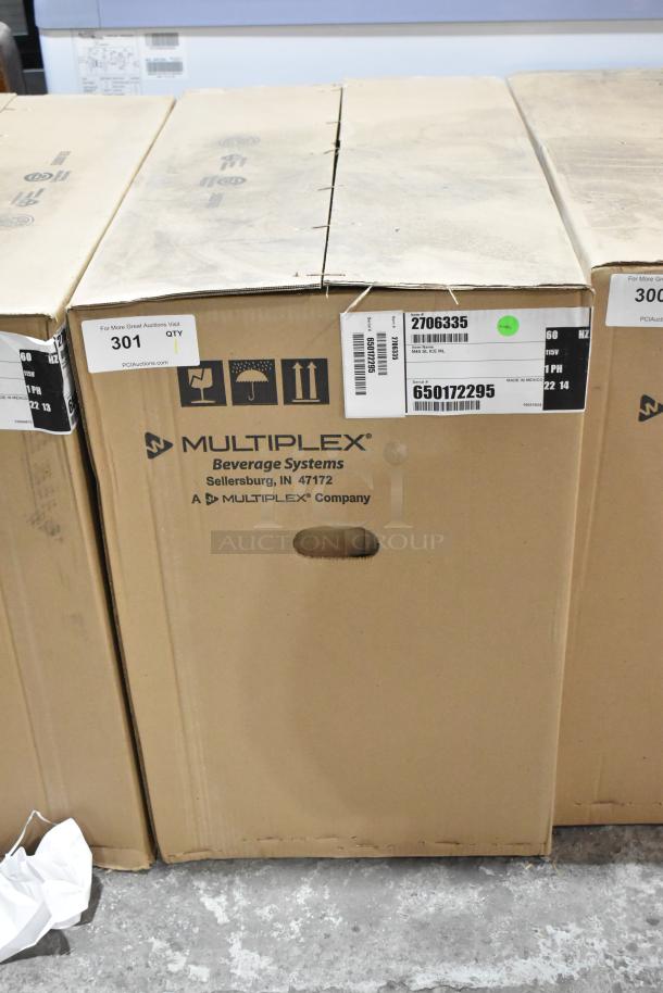 Brand new Multiplex 2706335 stainless steel ice dispenser, 45 lbs capacity, 115V, 1 phase. Box shows scratches and dents.