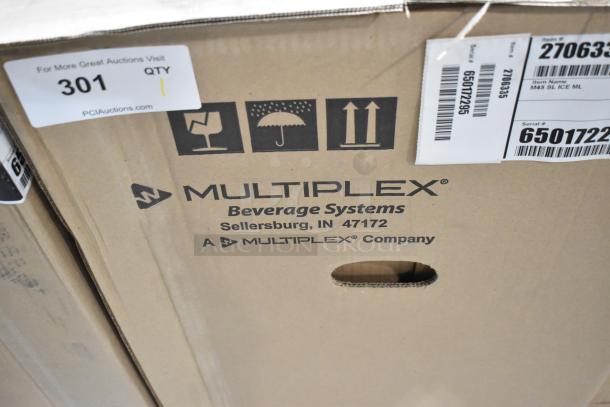 Multiplex 2706335 stainless steel ice dispenser, new, 45 lbs capacity, 115 volts, 1 phase, scratch and dent. Box labeled.