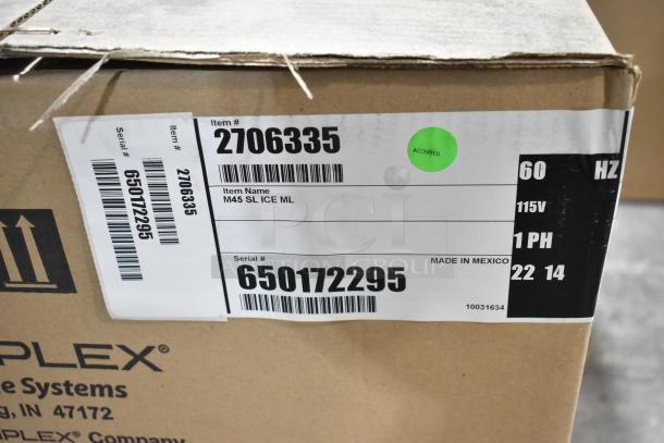 Multiplex 2706335 ice dispenser in box. Brand new, scratch and dent. Stainless steel, 45 lbs capacity, 115V, 1 phase.