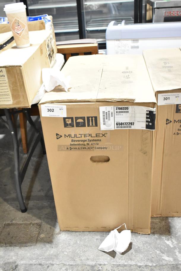 Multiplex 2706335 45 lbs. countertop ice dispenser in sealed box. Stainless steel, 115V, 1 phase. Brand new, scratch and dent condition.