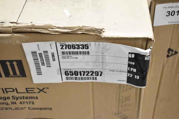 Multiplex 2706335 Ice Dispenser in box, stainless steel, 45 lbs capacity, 115V, 1 phase. New, scratch and dent. Model M45.