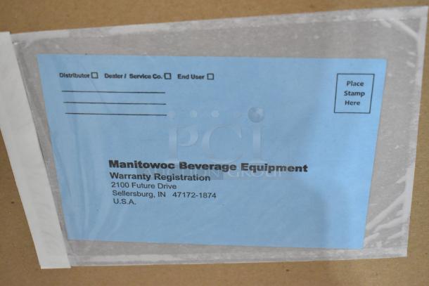 Warranty card for a new Multiplex M45 Ice Dispenser, model 2706335, showing distributor categories and contact details.