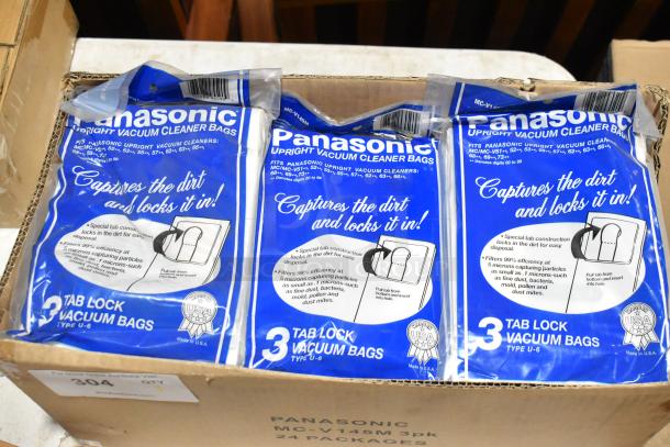 Box of 24 Panasonic MC-V145M Type U-6 vacuum cleaner bags, new condition, tab-lock design, made in USA.