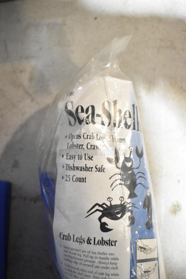 Sea-Shell shellfish openers, 25 count, in original packaging. Features include easy use, dishwasher safe. Brand new.