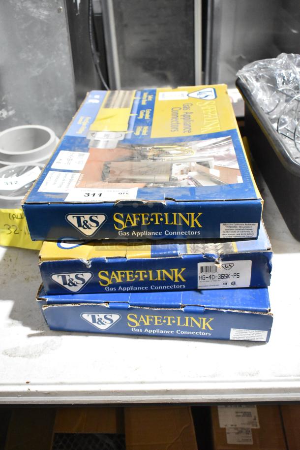 Three T&S Brass HG-4D-36SK-PS Safe-T-Link Gas Connector Kits, new, scratch and dent condition, boxed, visible labels and branding.