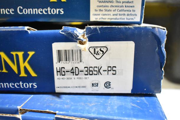 3 T&S Brass HG-4D-36SK-PS Safe-T-Link Gas Connector Kits, new scratch and dent, in original packaging, NSF certified.