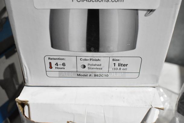 Polished stainless steel pitcher, 1 liter, model 982C10, 4-6 hour retention, new scratch and dent condition.