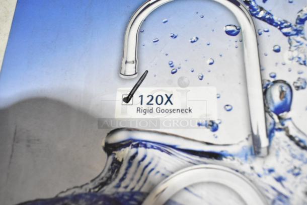 T&S 120X Gooseneck Faucet, brand new, scratch-and-dent condition, features labeled "Rigid Gooseneck." Two units in auction.