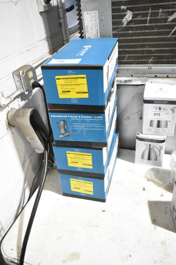 4 brand new San Jamar Adjustable Saf-T-Scoop and Guardian Systems in boxes, minor scratches and dents on packaging.