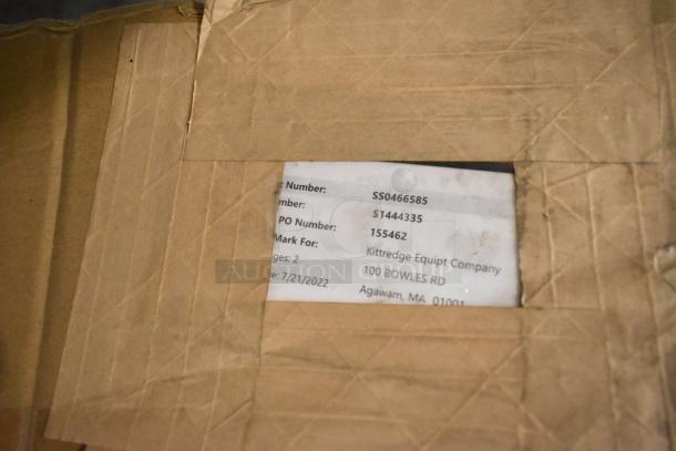 Cardboard box with label showing contents as a brand new item, marked with some scratches and dents. Label includes part number SS0466585, PO number 155462, indicating shipment to Kittredge Equip Company, 100 Bowles Rd, Agawam, MA. Date: 7/21/2022.