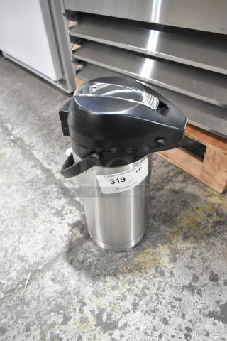 BRAND NEW SCRATCH AND DENT Bunn 36725.0000 stainless steel air pot, visible auction tag, minor dents, black lid.