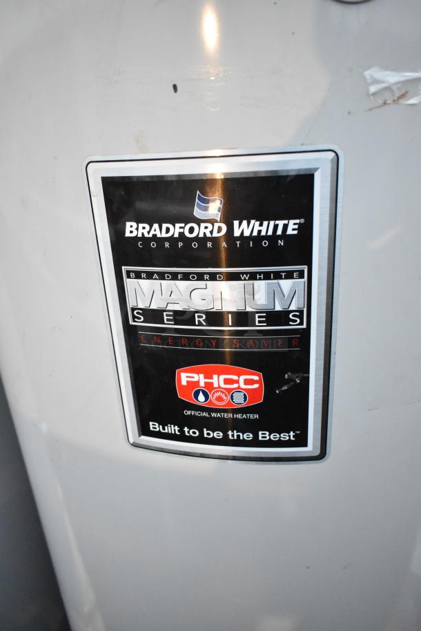 Bradford White Magnum Series tank, energy saver, PHCC official water heater label, minimal wear visible.