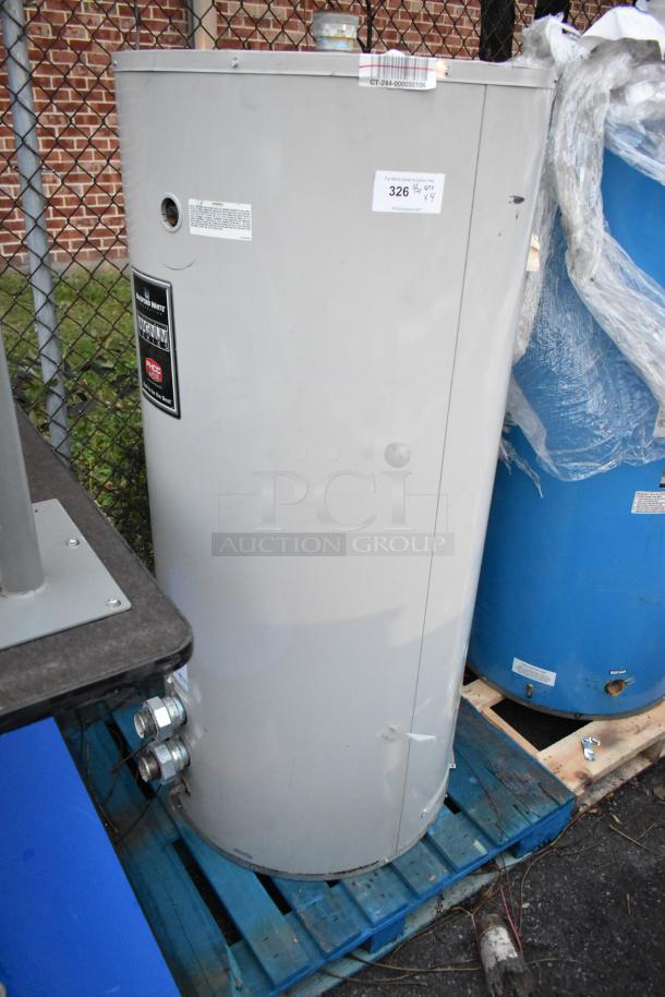 4 various tanks including 3 Bradford White models, with Glacier Opti-stor heat recovery system, on a blue pallet. Visible labels show model details.