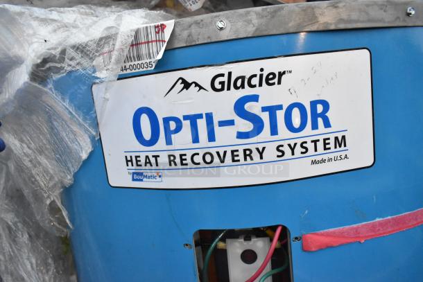 Glacier Opti-stor Heat Recovery System by BouMatic, blue tank with visible wiring and barcode, made in USA.