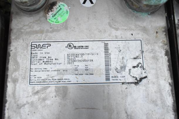SWEP heat exchanger, model 0111282.0, item from 2011. Features UL certification label and manufacturing details.