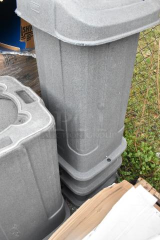 Four durable gray poly trash cans, stackable design, gently used, ideal for bulk waste management, bid yields four units.