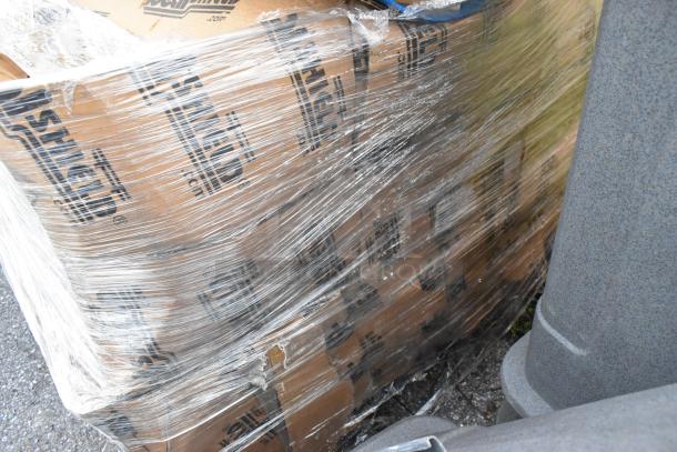Eight boxed IdealShield Blue Poly Bins wrapped in plastic, labeled "Scratch and Dent." Boxes slightly worn.