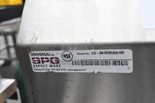Stainless steel 3 bay sink with dual drain boards, Universal by SPG, Model DD-3N1818142D18S, NSF certified.