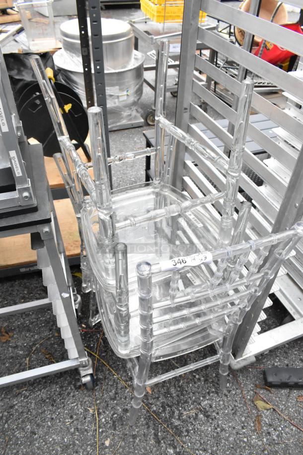 Clear poly stackable Chiavari chairs, set of 3, transparent design, excellent condition, auction label "346" visible.