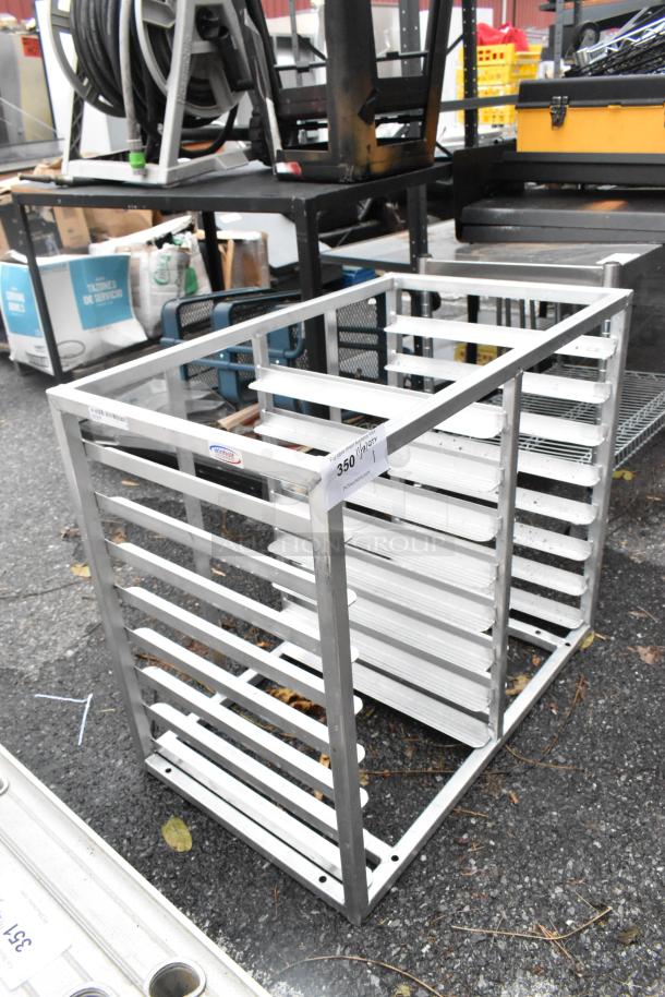 Metal double pan rack, sturdy construction, multiple shelves for efficient storage. Tag indicates model and pricing details.