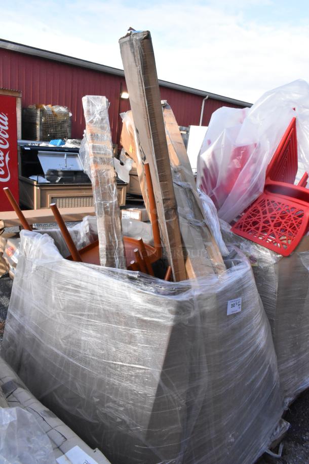 15 new scratch and dent items including Lancaster Flora Terracotta chairs and Granite White tables in protective wrapping.