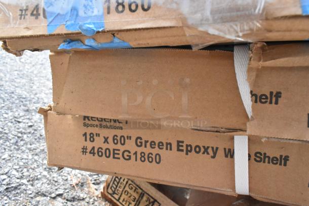 Cardboard boxes labeled "Regency 18x60 Green Epoxy Wire Shelf #460EG1860," showing slight damage and blue tape.