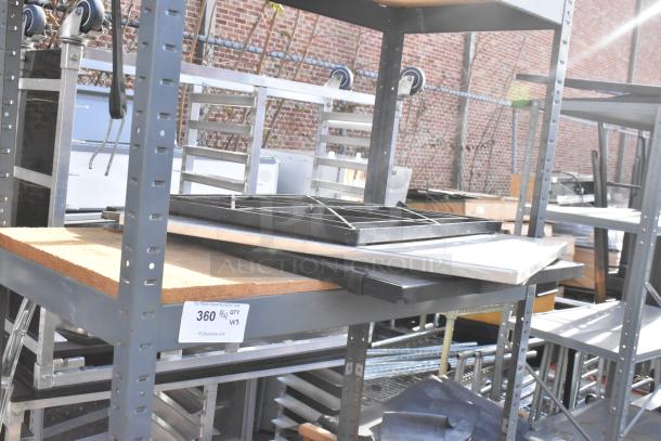 Gray metal shelving unit and wooden 2-tier cart on casters with lot tag indicating "360." Items in mixed condition.