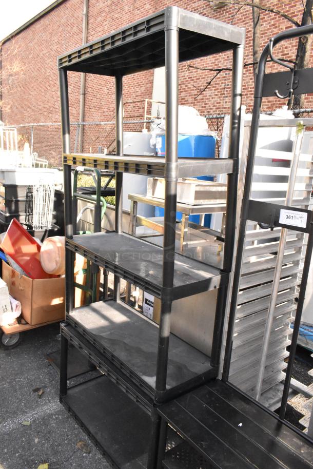 Black 5-tier poly shelving unit in good condition, with durable construction and ample storage space.