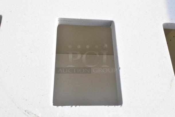 Trash can shell featuring three deposit holes and two wood-pattern doors, in good condition.