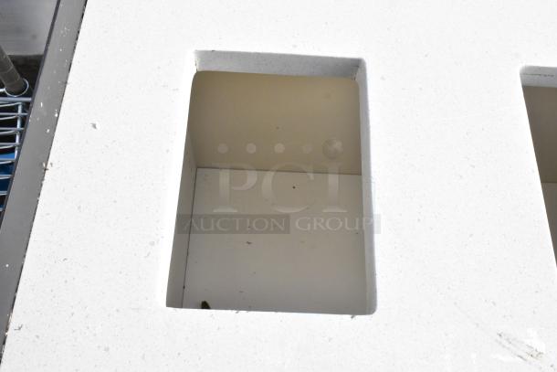 Trash can shell with three rectangular deposit holes, shown with clean white surface. Ideal for public spaces.