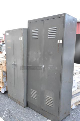 Two metal cabinets with handles and vented doors. Marked with numbers 3 and 5. Signs of wear and rust.
