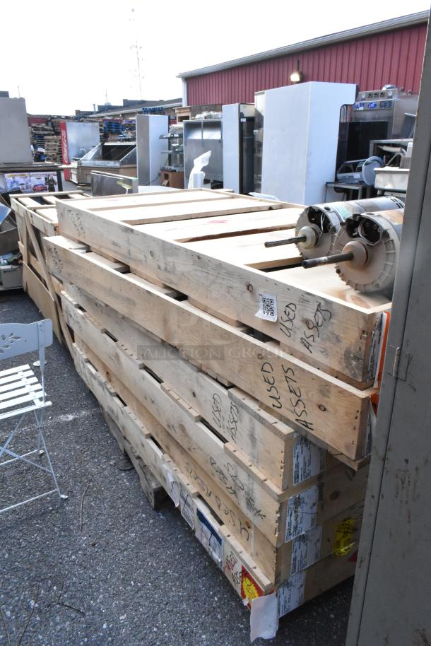 Eight brand new Anthony doors in crates, size 29-1/16"x66-9/16", high value for multiple bids, labeled "USED ASSETS."