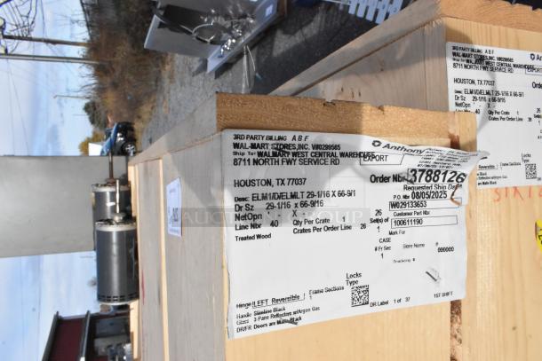 Brand new Anthony doors in crate, size 29-1/16"x66-9/16". Includes shipping label for Walmart warehouse. 8 doors available.