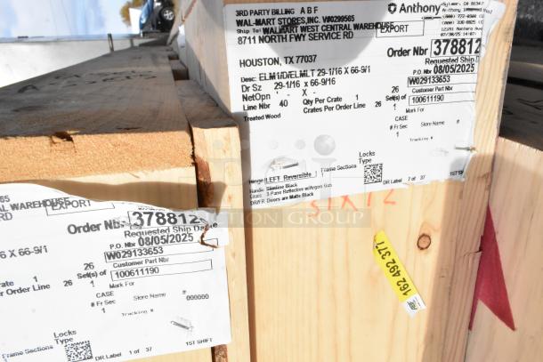 Eight brand new Anthony Doors in crate, size 29-1/16"x66-9/16". Labels show order and shipping details.