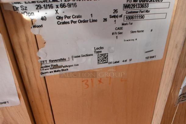 New Anthony doors in crate, size 29-1/16"x66-9/16". Slimline black, argon gas reflective panes. Matte black doors.