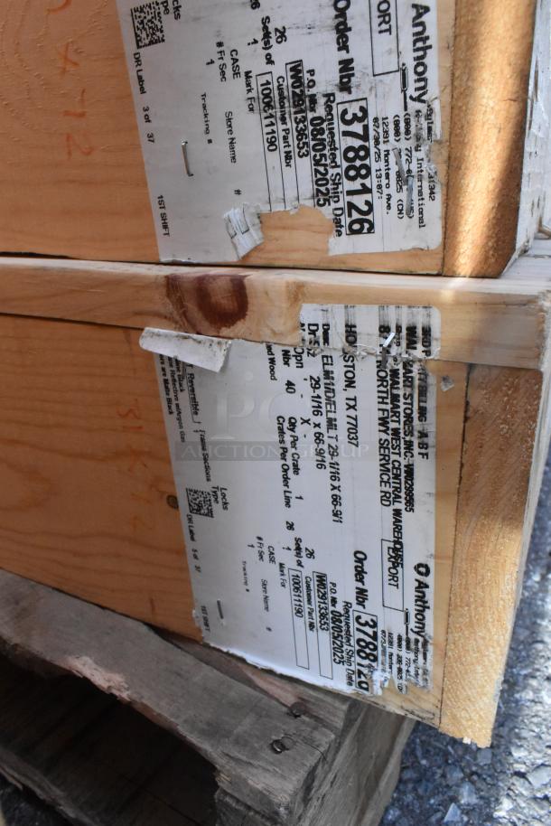 Alt text: Crate with new Anthony doors, 29-1/16"x66-9/16". Labels show order number 3788126. Eight doors in total.