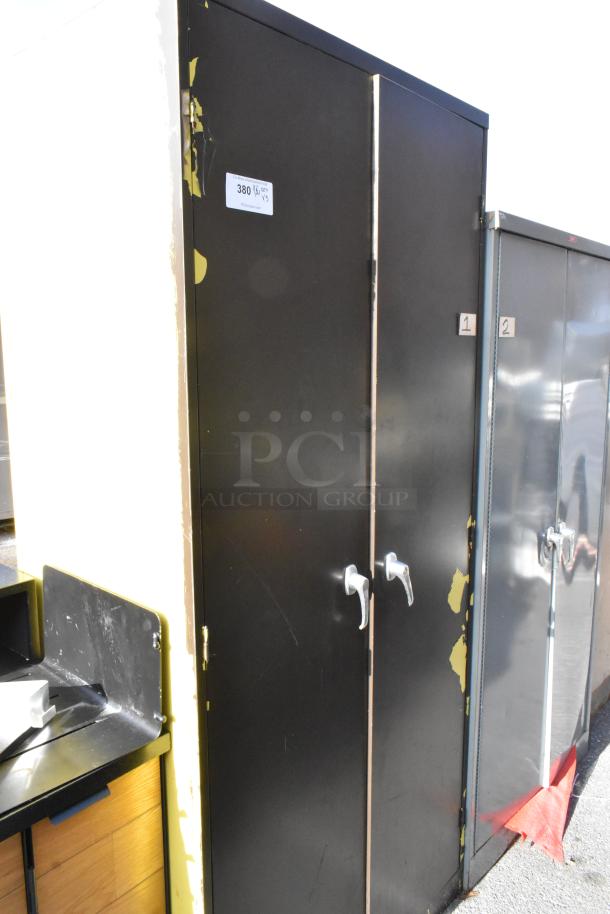 Three metal 2-door cabinets with varying conditions, featuring visible labels with numbers 1, 2, and 3.