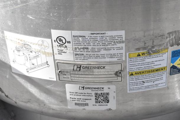 Greenheck CUBE-161-7-X metal commercial rooftop mushroom exhaust fan with UL certification label and maintenance warnings.