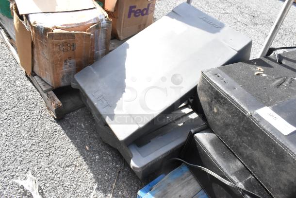 Follett Ice Bin Cart, gray, used condition with "LIFT" marking, visible signs of wear, ideal for ice storage and transport.