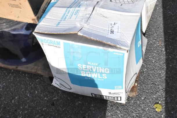 Box of Monogram Black Serving Bowls, 320 oz, new, with visible dent. Contains multiple items; includes Waterloo sink.