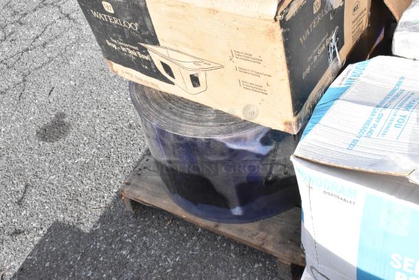 Boxes containing seven various brand new scratch and dent items, including a Waterloo drop-in sink and black serving bowls.