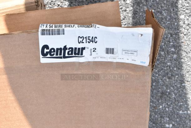 Cardboard box with Centaur C2154C 21x54 wire shelf label, showing item and quantity details. Instructions enclosed.