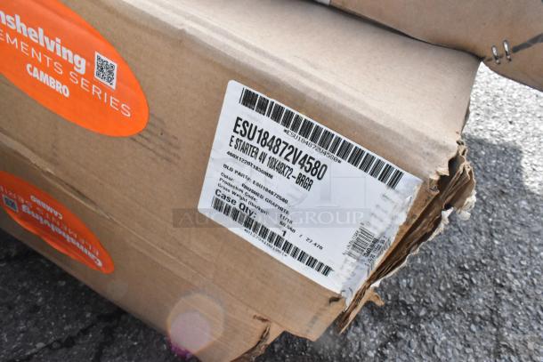 Cardboard box with Cambro Shelving label and barcode showing model ESU183672V4580, indicating a stationary shelving unit.