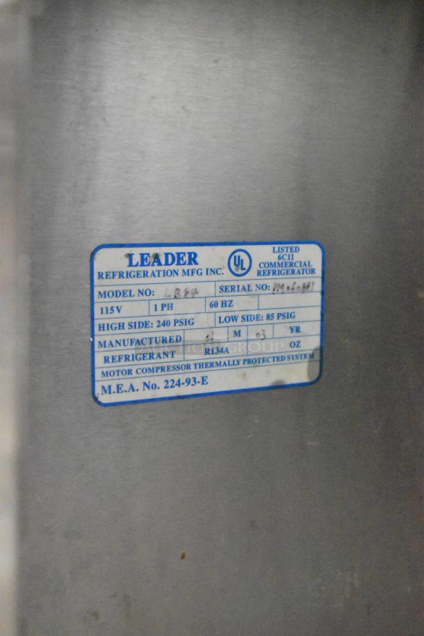 Leader LB84 stainless steel commercial 3-door undercounter cooler label, 115 volts, 1 phase, R134A refrigerant, UL listed.