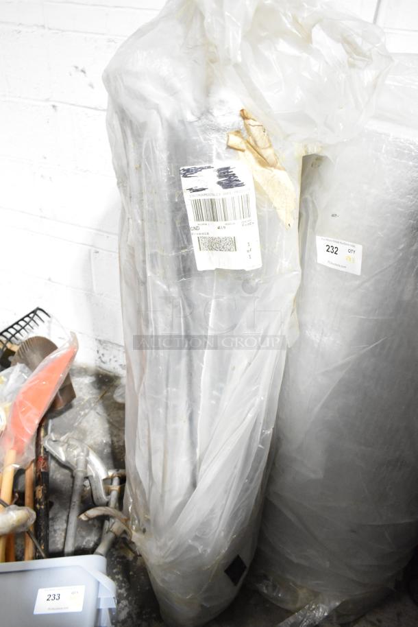 Three assorted items including large insulated rolls in plastic wrap and a wet floor sign. Labels show item numbers 232 and 233, both with quantity x3.