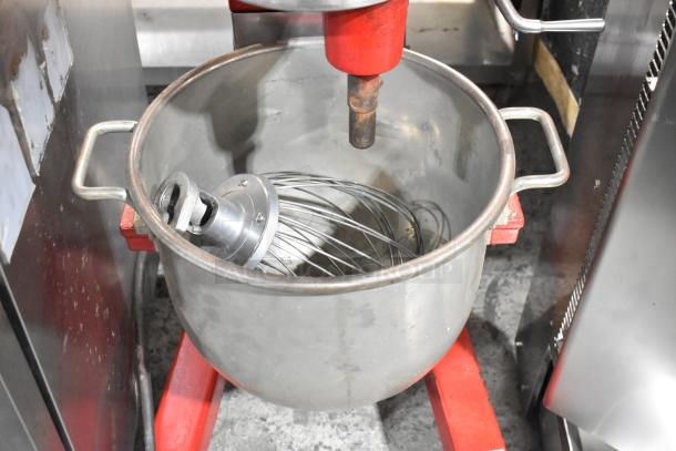 Hobart D-300T 30 Quart metal commercial dough mixer with bowl and whisk attachment; red base, 115V, 1 phase.