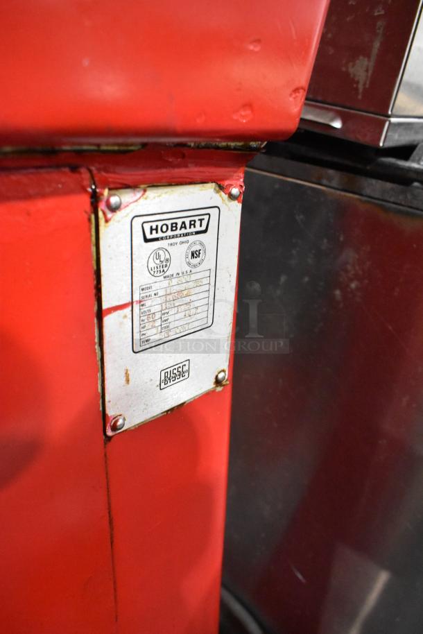 Hobart D-300T 30 Quart Mixer, red metal, with mixing bowl and whisk. Features a UL and NSF label. 115V, 1 Phase.