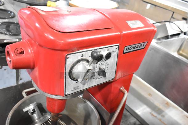 Hobart D-300T 30 Quart red commercial dough mixer with mixing bowl and whisk. Features control panel, 115V, 1 Phase.
