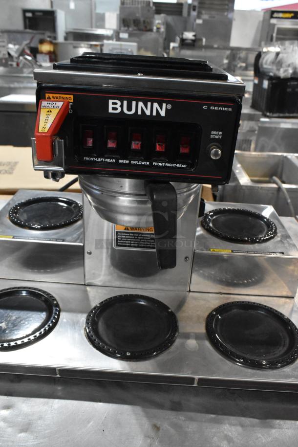 Bunn CRTF5-35 stainless steel coffee machine, 5 burners, hot water dispenser, metal brew basket, 120/240V, used condition.