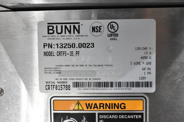 Bunn CRTF5-35 stainless steel commercial coffee machine with 5 burners, hot water dispenser, and metal brew basket. NSF, UL listed. 120/240V.